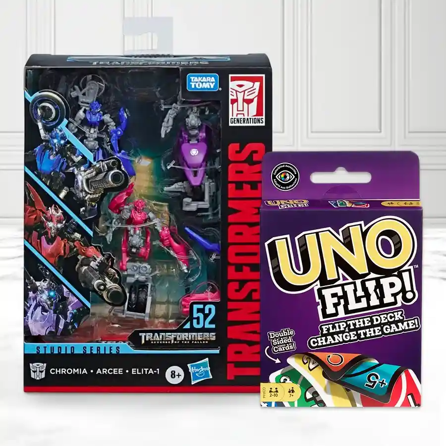 Transformers Fun Pack featuring action figures and Uno Flip Side Game for kids aged 7 and up.