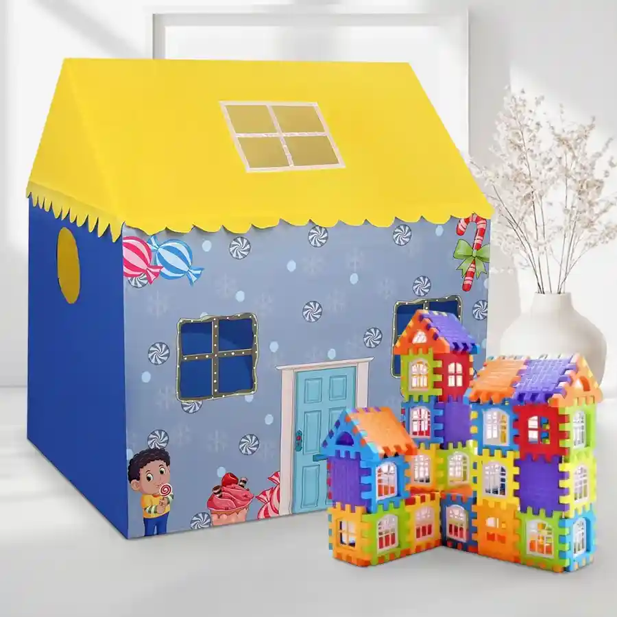 Colorful tent house for kids featuring 72 multi-colored jumbo building blocks, designed for creative play and imagination.