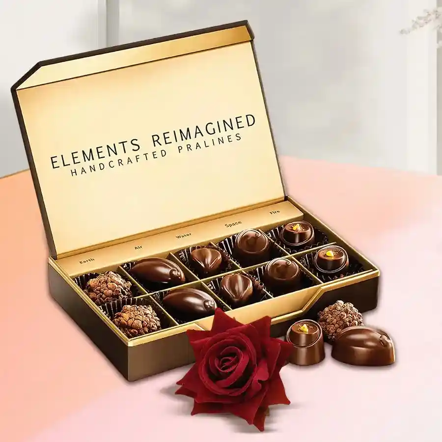 Anniversary Chocolate Gift Box from ITC featuring 10 handcrafted praline chocolates and a red velvet rose
