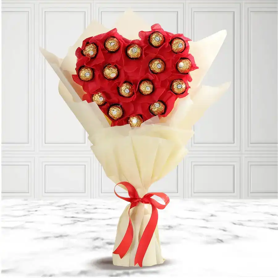 A beautifully arranged bouquet of 16 Ferrero Rocher chocolates, elegantly displayed to resemble a floral arrangement, featuring golden wrappers and vibrant decorative elements.
