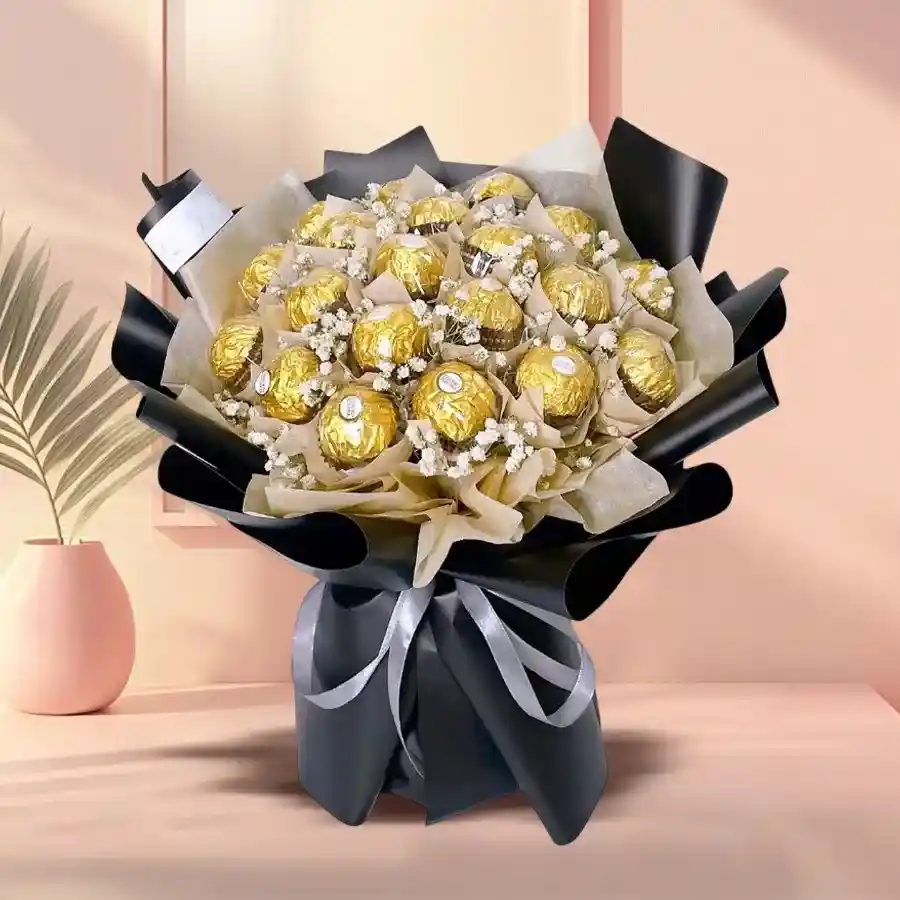 Ferrero Rocher chocolate bouquet arrangement with 32 chocolates surrounded by elegant tissue wrapping