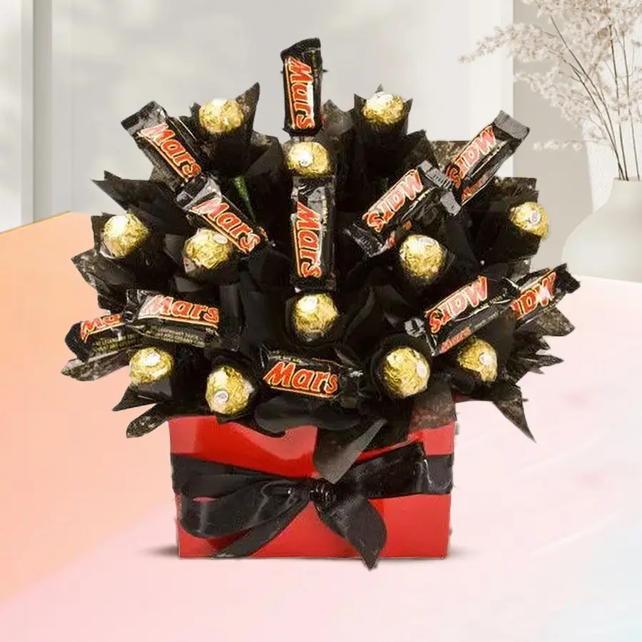 Exquisite bouquet featuring 10 Mars bars and 12 Ferrero Rocher chocolates arranged beautifully