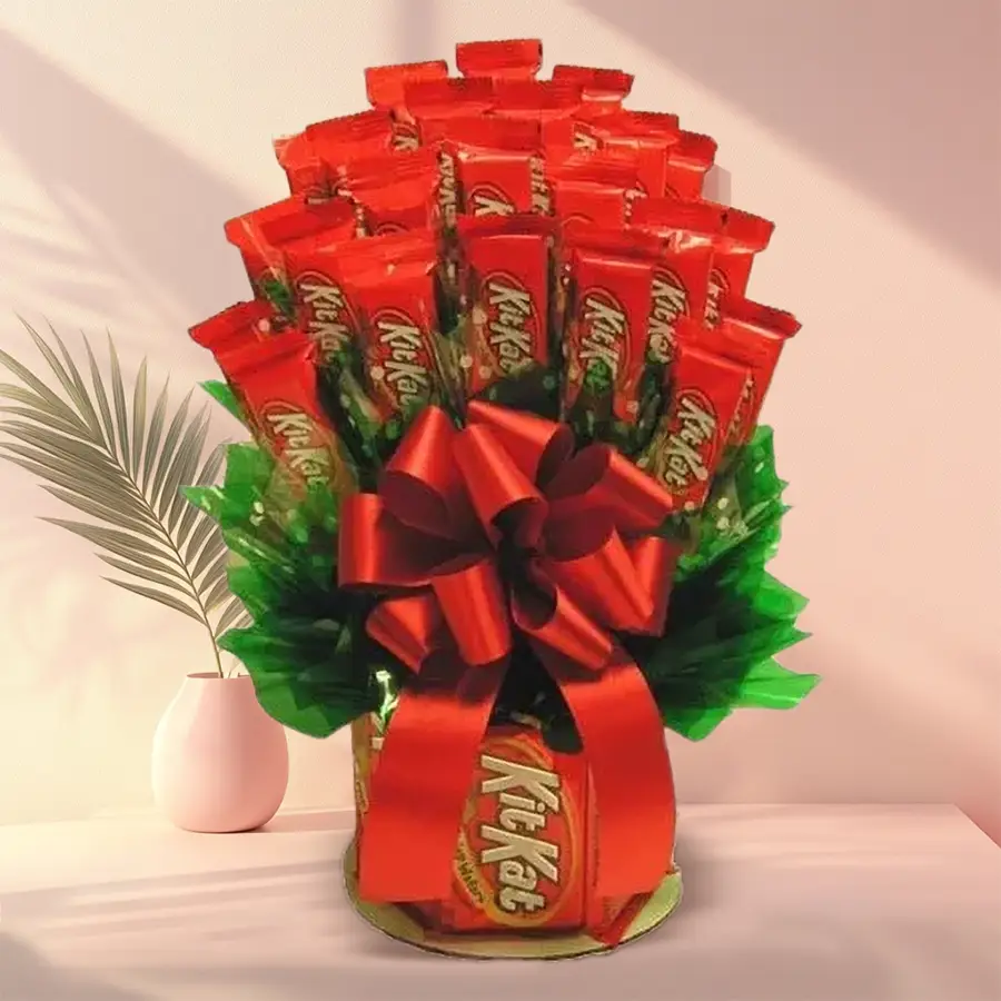 A vibrant bouquet made of 32 Nestlé KitKat bars arranged attractively, showcasing a fun and creative gift alternative to traditional flowers.