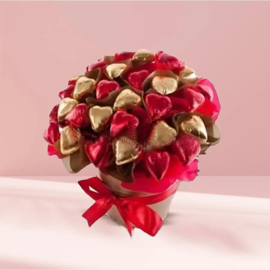 Bucket filled with heart-shaped chocolates arranged beautifully