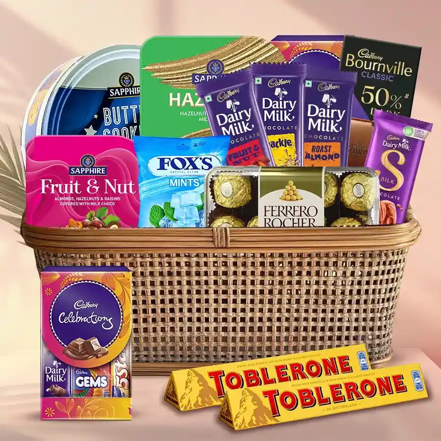 Exclusive Chocolates Hamper featuring Assorted Chocolates, Cookies, and Elegant Packaging