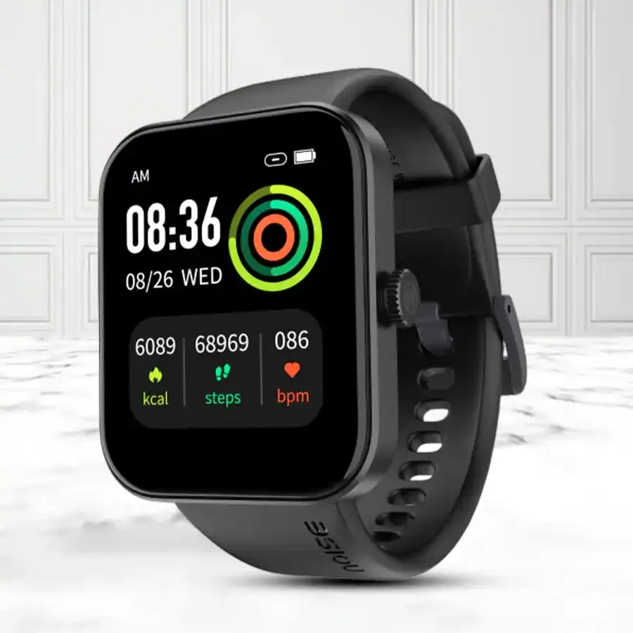 Jet Black Noise ColourFit Pulse Grand Smart Watch showcasing sleek design and fitness features.