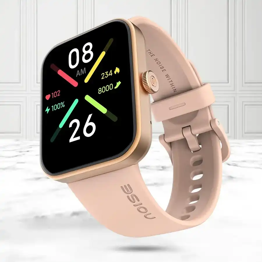 Exclusive Noise Pulse Go Buzz BT Calling Pink Smart Watch with fitness tracking capabilities and vibrant design.