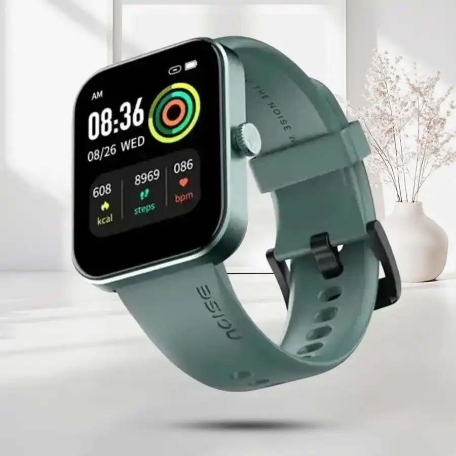 Olive green Noise Pulse Go Buzz Bluetooth Smart Watch featuring health tracking and 100 sports modes.
