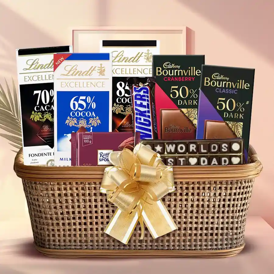 Marvellous gift basket filled with various dark chocolates and a handmade "BEST DAD" chocolate, elegantly arranged with a golden bow