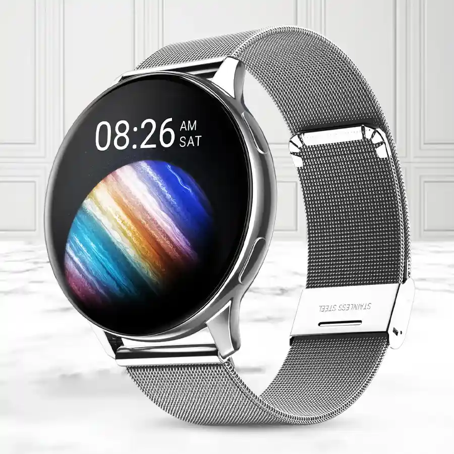 Silver Symphony Smartwatch with AMOLED display and Bluetooth calling feature.