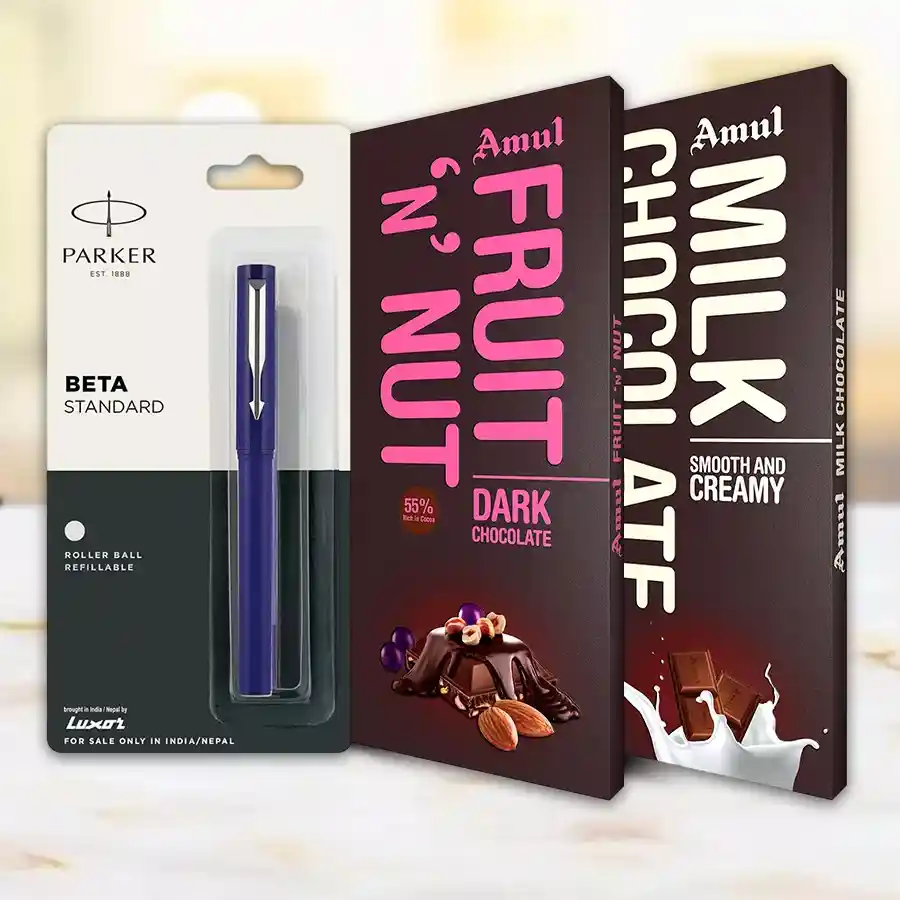 Brilliant Parker Pen alongside Amul Milk Chocolate and Amul Fruit n Nut chocolates in an elegant gift set