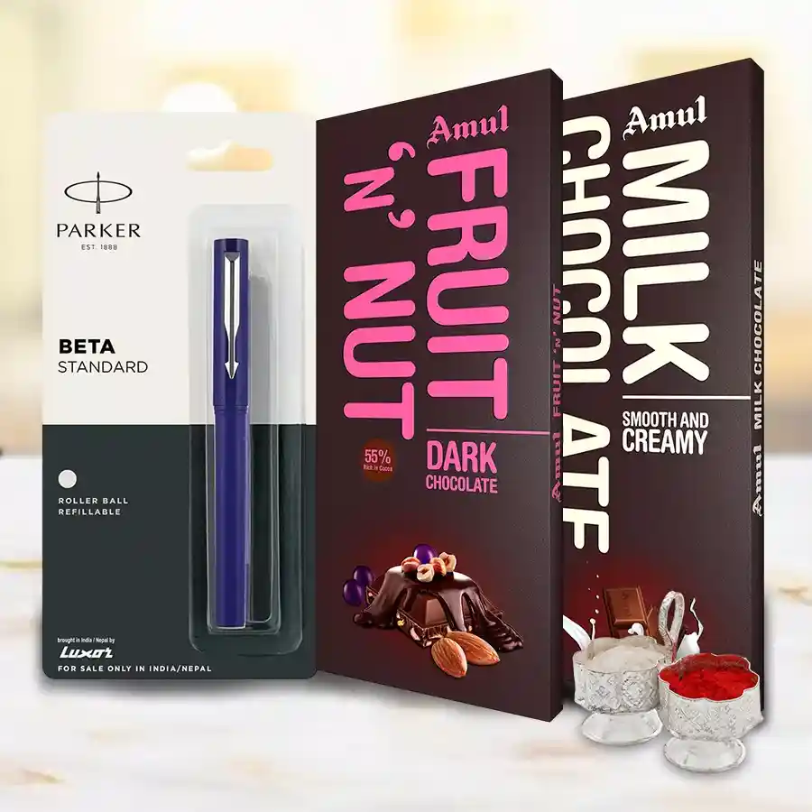 Exquisite Amul Chocos and Parker Pen Combo for Bhai Dooj celebration, featuring 150g of Amul chocolates and a sleek Parker Beta Pen, along with Roli, Tika, and Chawal gifts.
