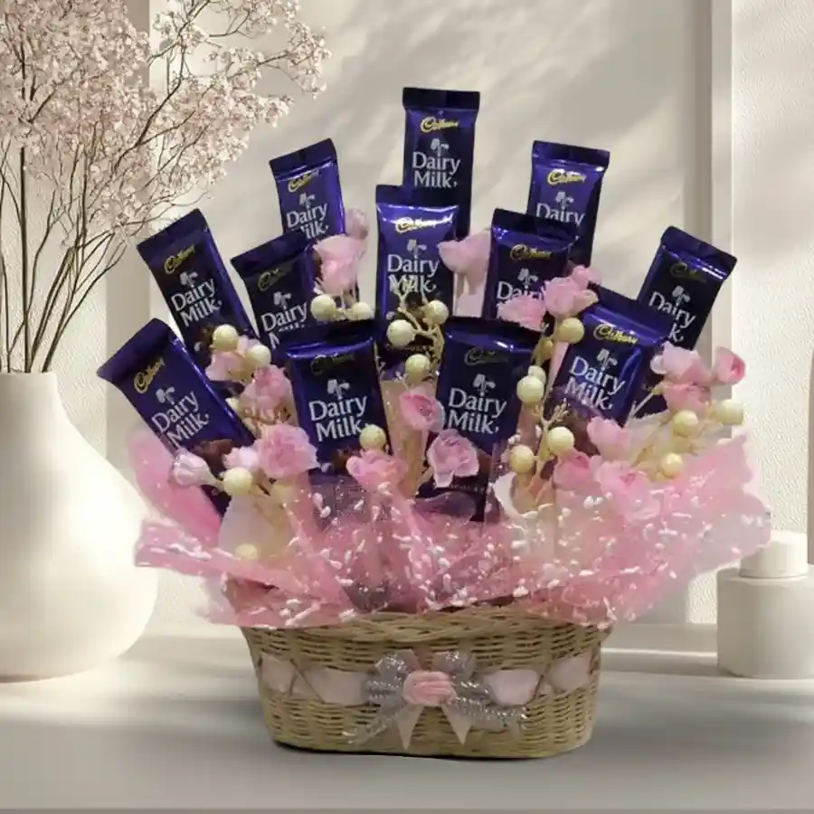 Cherished Moments Chocolate Basket featuring 12 Cadbury Dairy Milk chocolates, perfect for gifting.