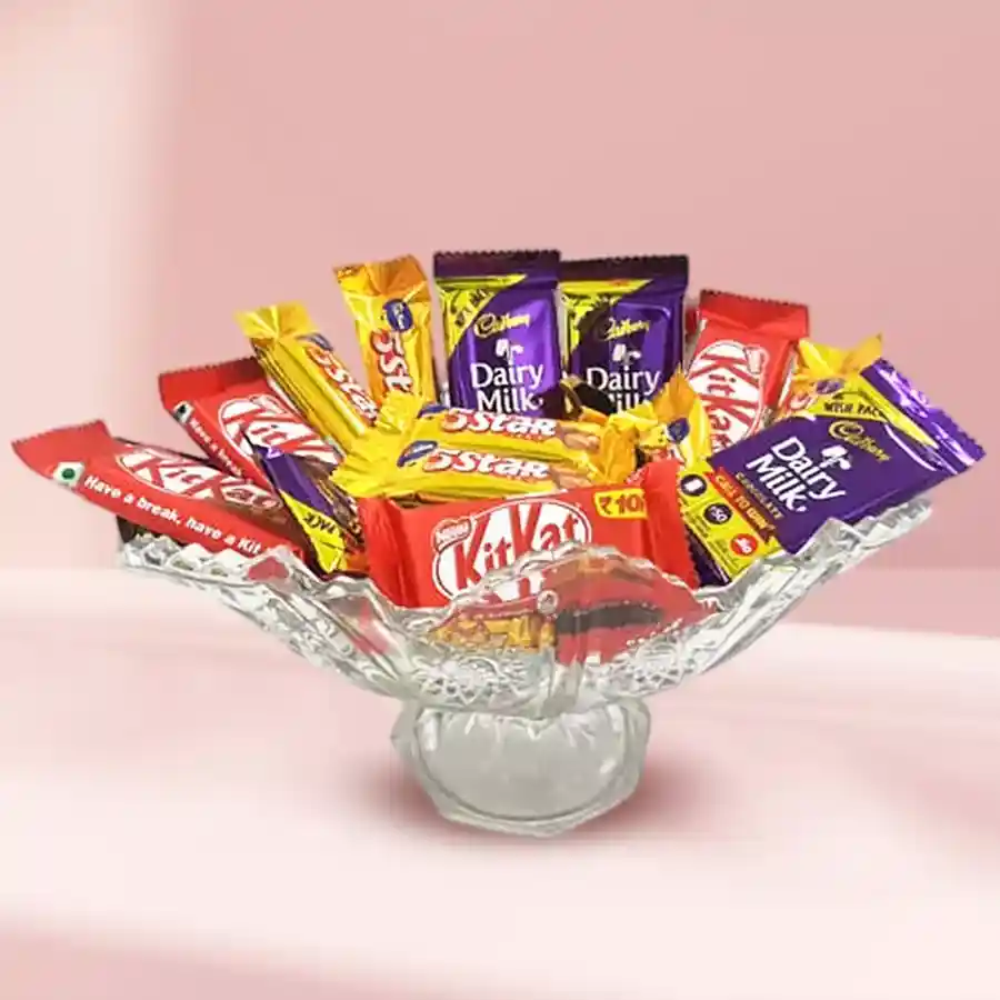 Chocolate Haven Gift Collection with Cadbury and Nestle treats in a glass vase.