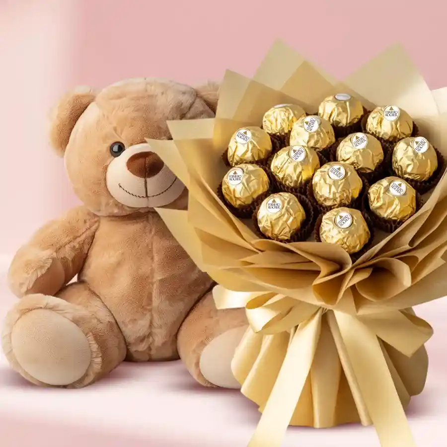 A cozy brown teddy bear with a bouquet of Ferrero Rocher chocolates.