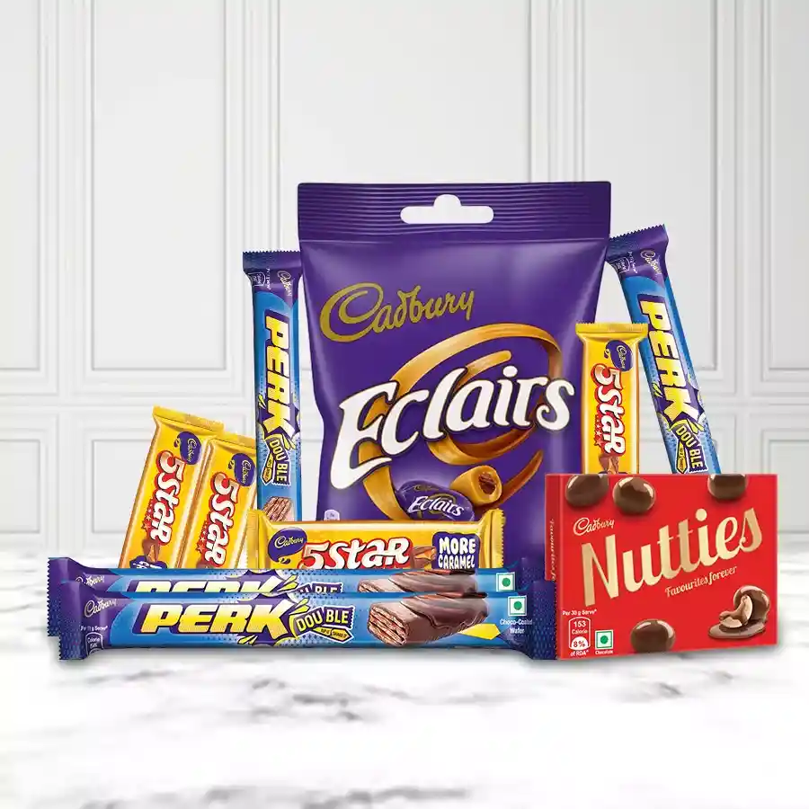 Scintillating Gifts Package featuring Cadbury chocolates including Five Stars, Perks, Eclairs, and Nutties arranged in a colorful box.