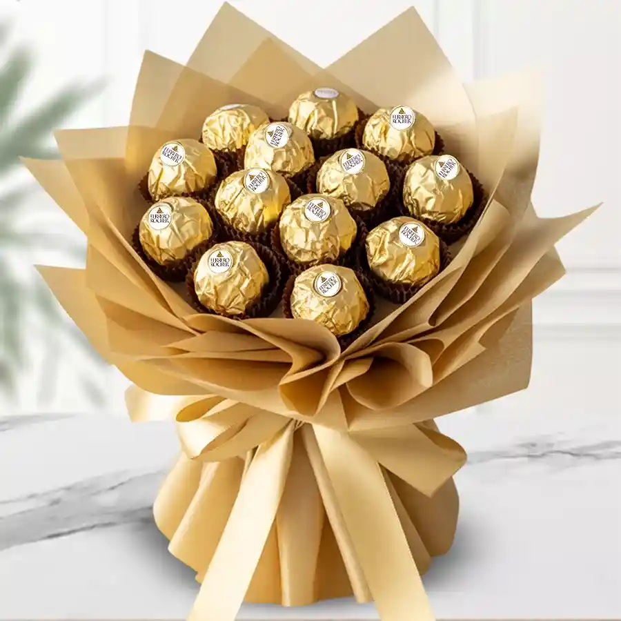 Exquisite bouquet of 16 Ferrero Rocher chocolates elegantly wrapped in tissue.
