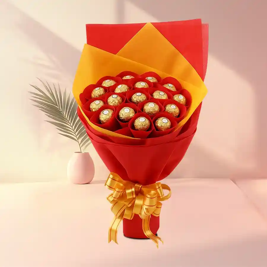 A beautifully wrapped bouquet of 16 Ferrero Rocher chocolates, perfect for gifting and celebrating special moments.