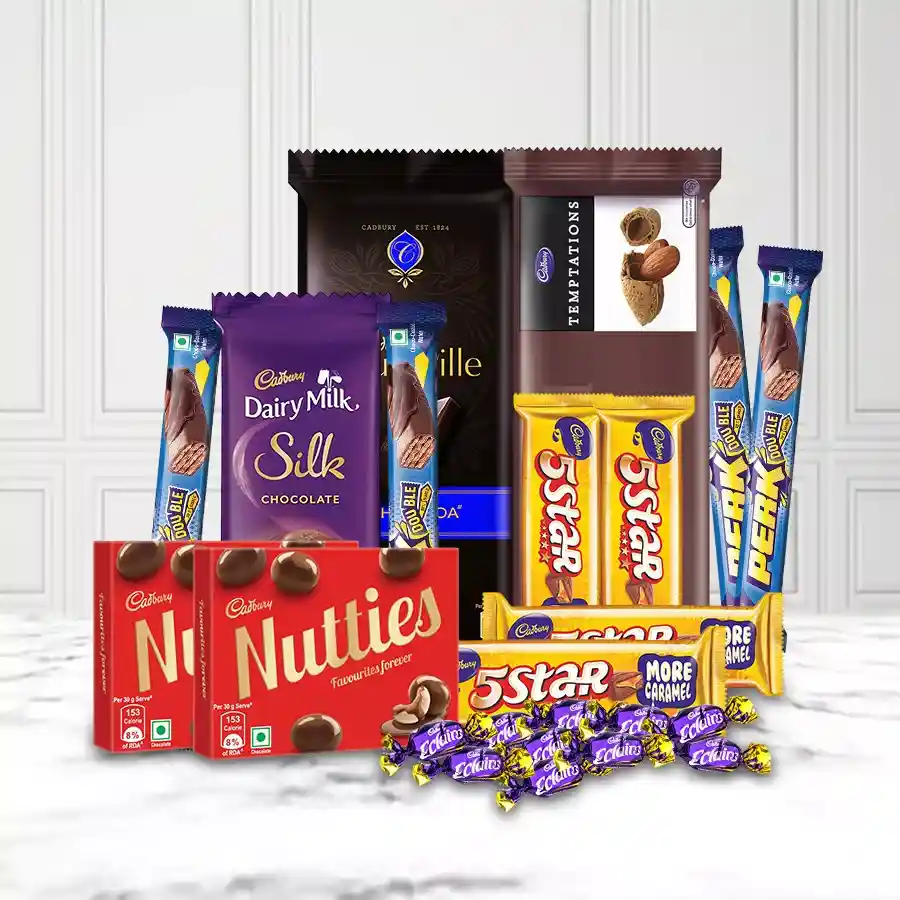 Tempting Chocolates assortment including Cadbury Five Stars, Perks, Silk, Temptation, Bournville, Eclairs, and Nutties with Tika N Chawal for Bhai Dooj celebrations.