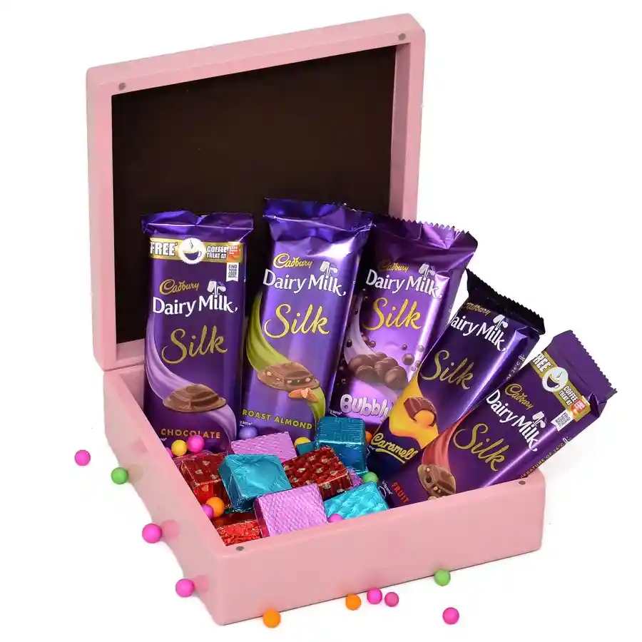 Cadbury Dairy Milk Bliss Collection in a gift bag, featuring various flavors.