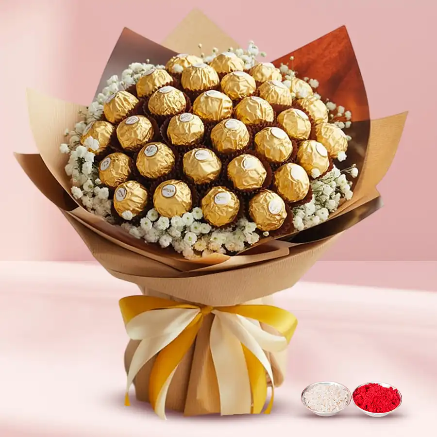 A luxurious bouquet of 32 Ferrero Rocher chocolates elegantly wrapped in tissue, perfect for birthday gifting.