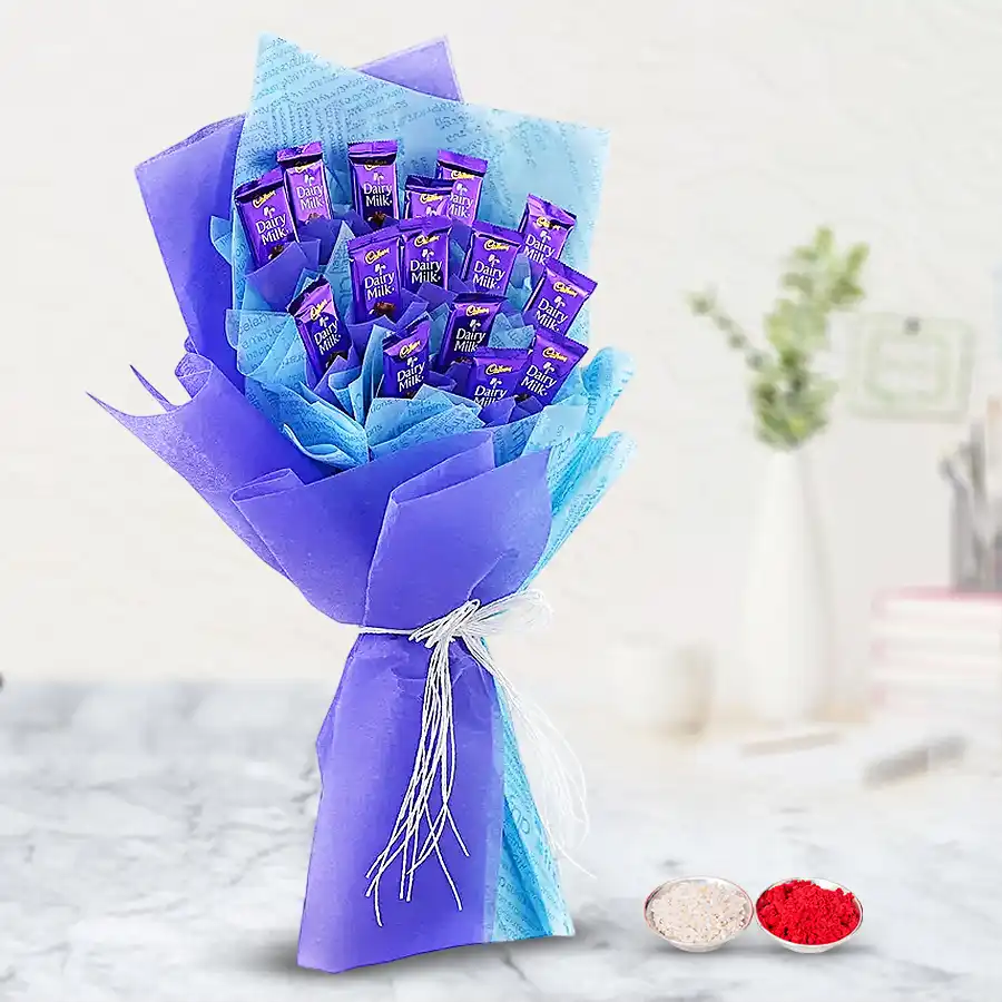 Bouquet of 25 Cadbury Dairy Milk chocolates, each 13 grams, beautifully arranged for gifting.