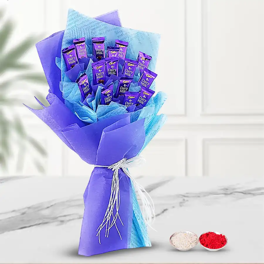 A beautiful bouquet of 20 Cadbury Dairy Milk chocolates, each 13 grams, perfect for sharing sweet moments and spreading love.