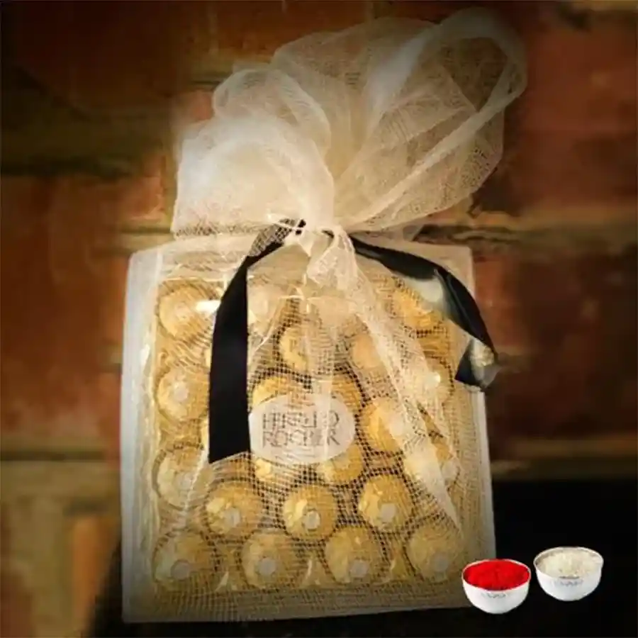 24 Ferrero Rocher chocolates beautifully wrapped in netting for gifting.