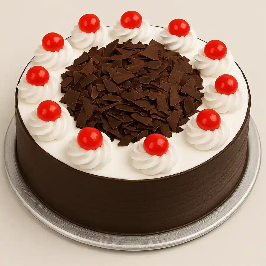 500 gms Black Forest Cake in a Cookie Jar, freshly baked with chocolate layers, whipped cream, and cherries, available in Kolkata only.