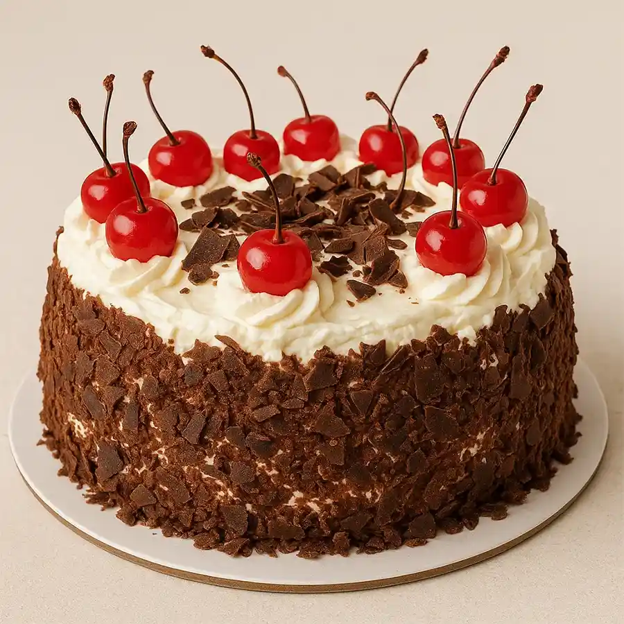 A decadent 1 Kg Black Forest Cake from 5 Star Bakery adorned with cherries and whipped cream.