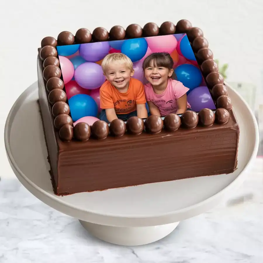 Custom chocolate photo cake in square shape with rich ganache, perfect for celebrations.