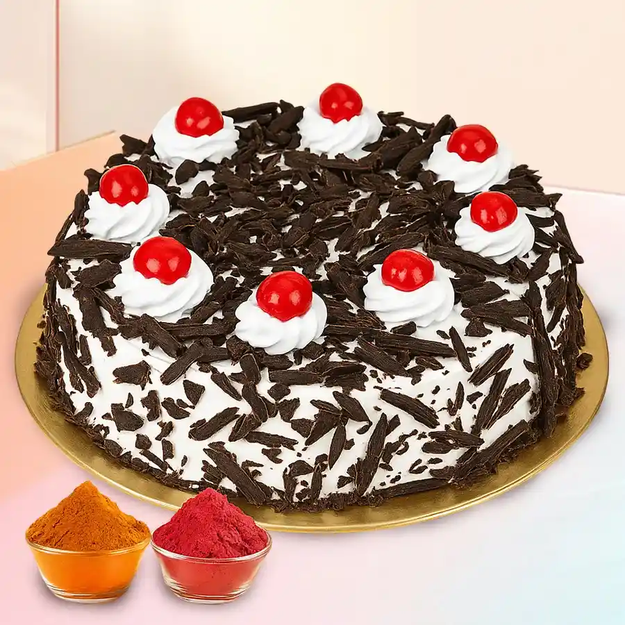 1 Lb Black Forest Cake with a free Gulal/Abir Pouch for celebrations.