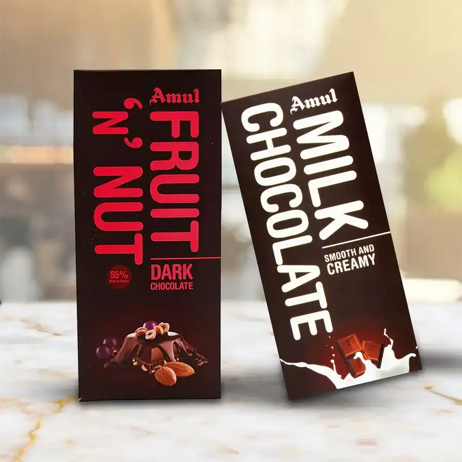 Two Amul Chocolates Bar featuring Amul Milk Chocolate and Amul Fruit & Nut Chocolate, each 120 gm