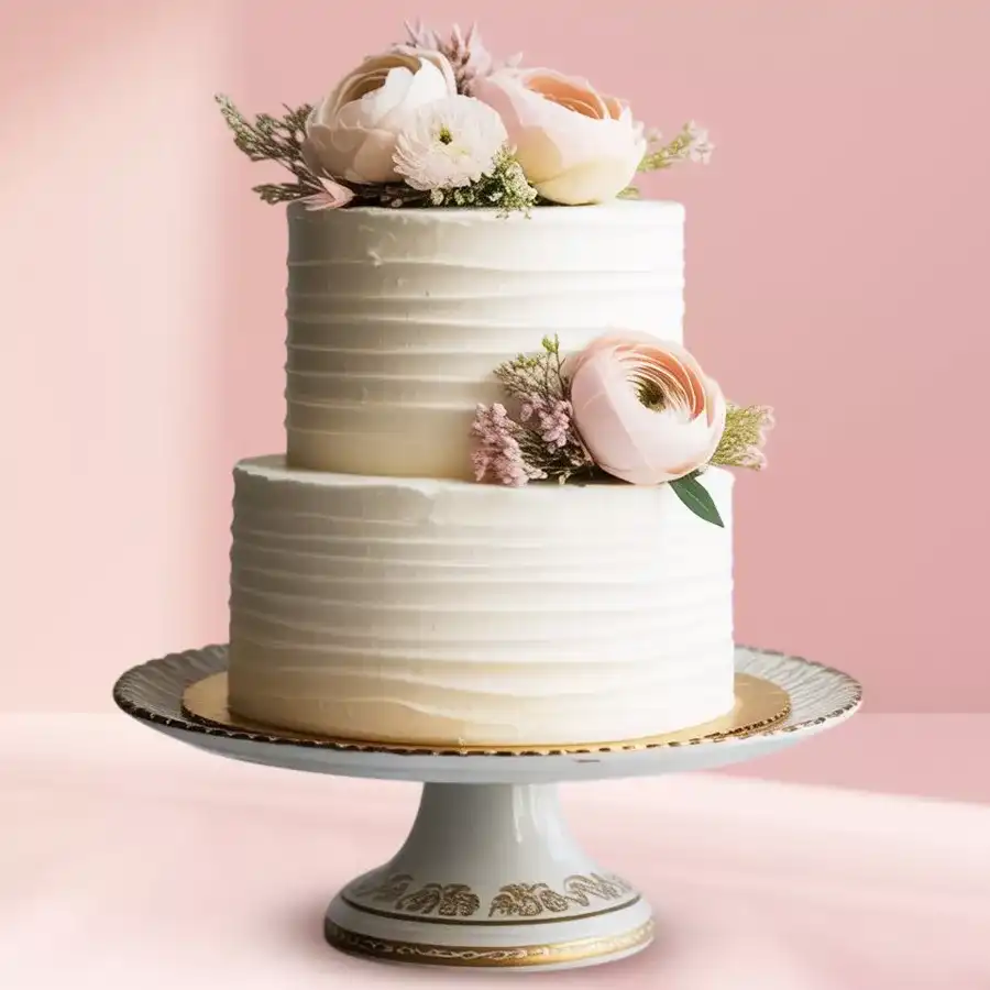 Vanilla Elegance Two-Tier Cake with floral topping and whipped cream.
