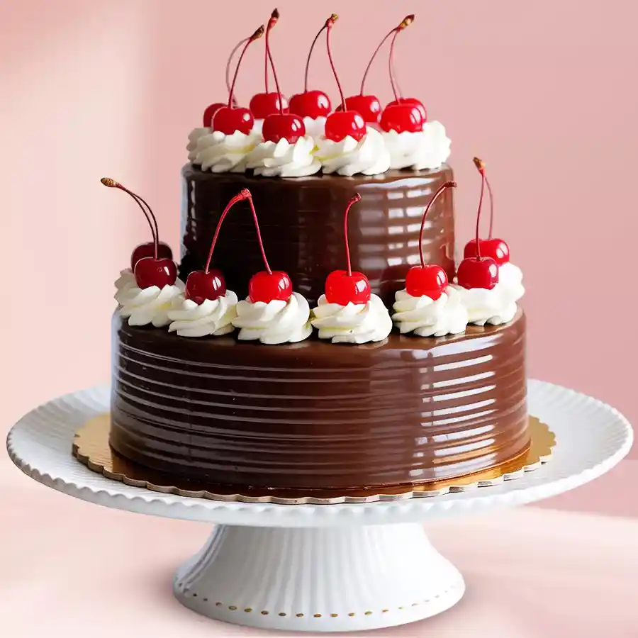 Tempting Double Layer Chocolate Cake with chocolate glaze, whipped cream, and cherries.