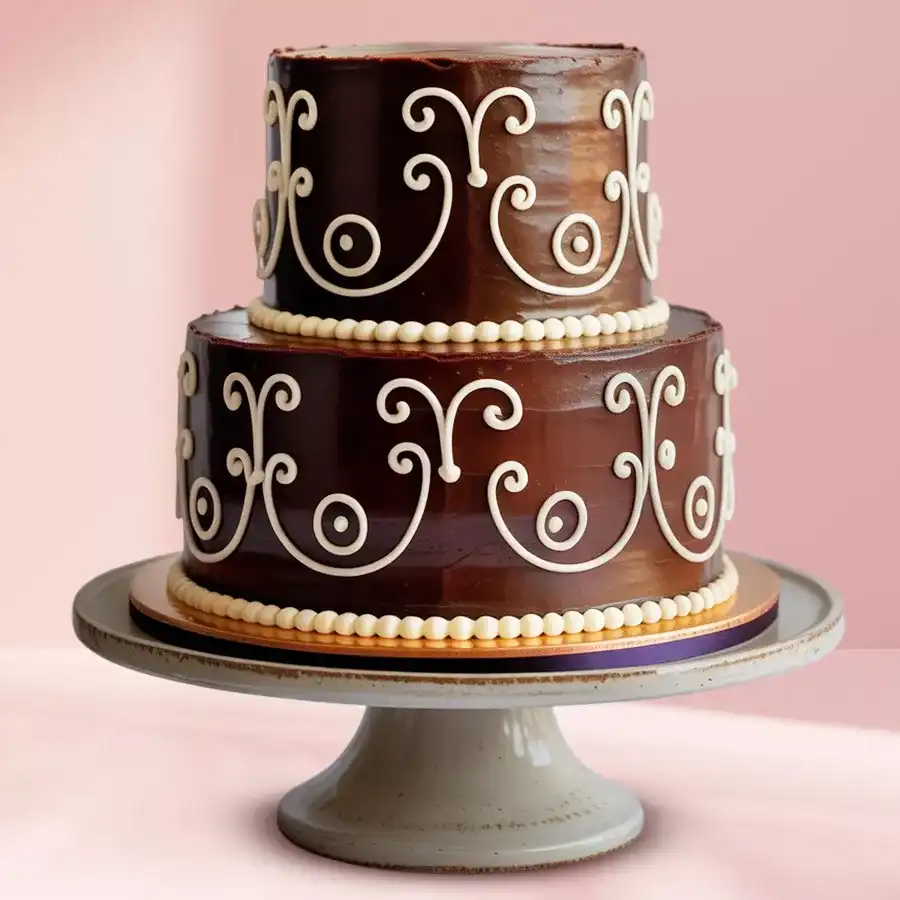 Joyful Chocolate Celebration Cake, two-tier eggless chocolate cake with white icing and dark chocolate decoration.