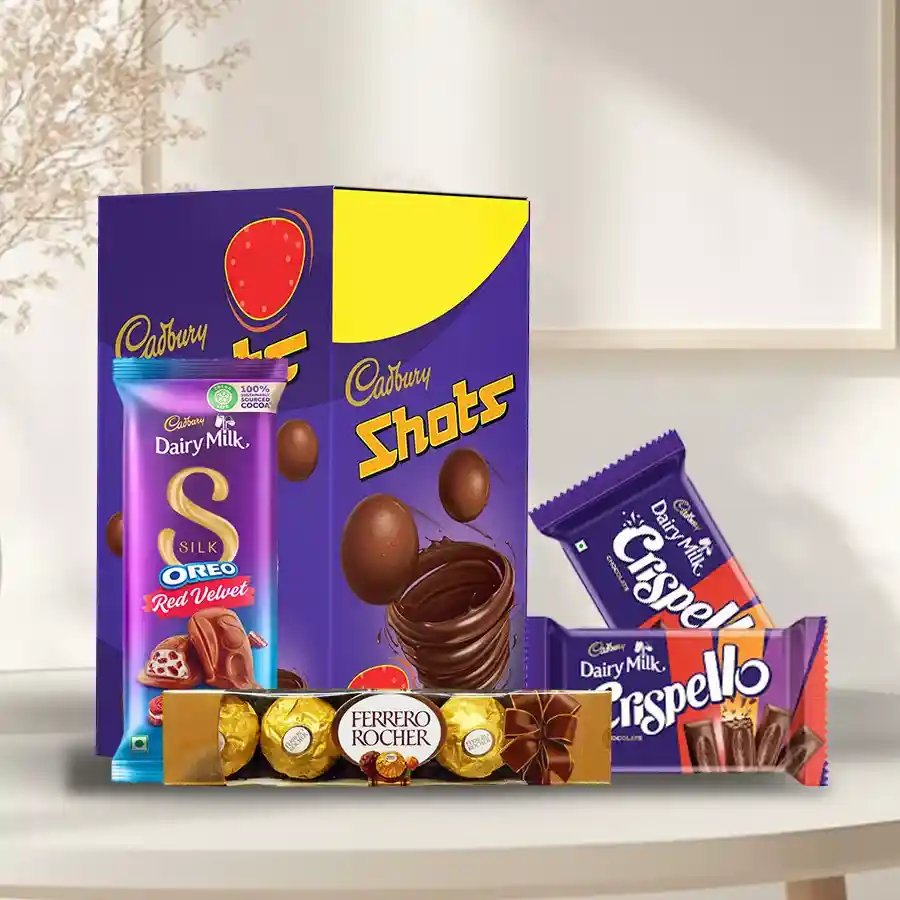 Special Chocolate Hamper featuring Cadbury Dairy Milk Crispellos, Dairy Milk Silk Oreo bar, Dairy Milk Shots, and Ferrero Rocher chocolates