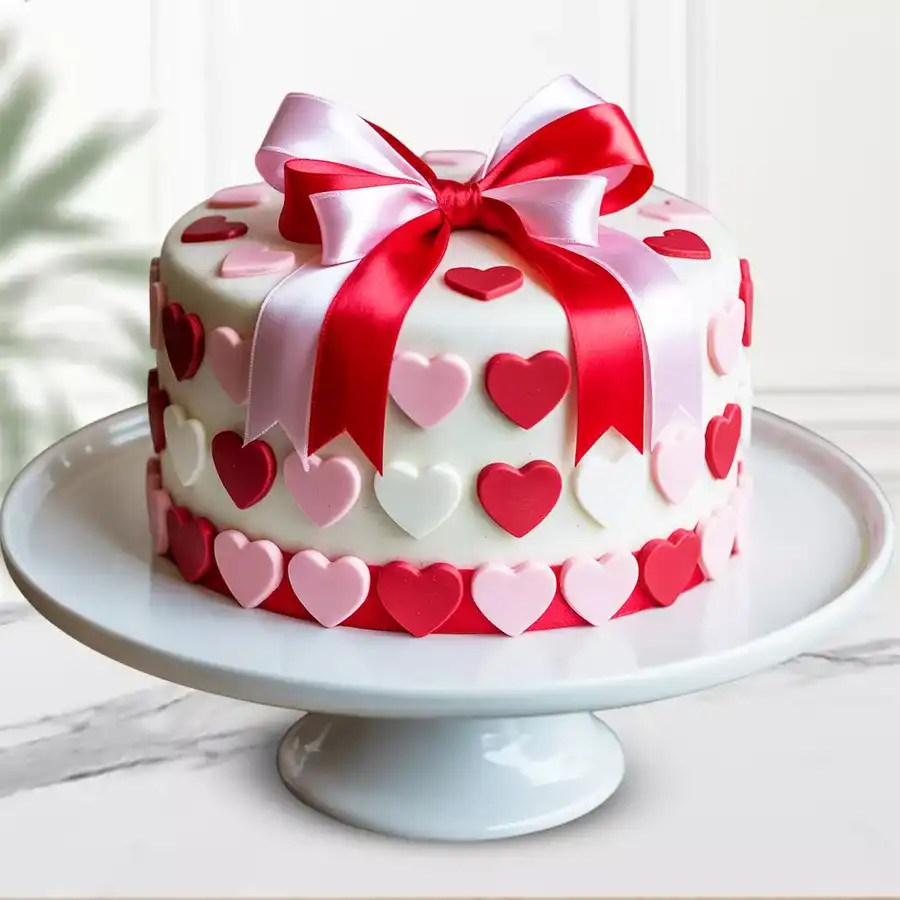 Heartfelt Strawberry Fondant Cake featuring white fondant and decorative flowers and hearts.