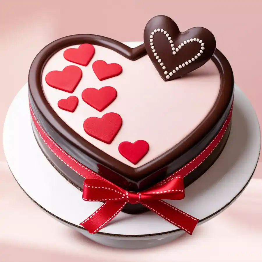 Heart-shaped chocolate fondant cake decorated with white cream, a ribbon, and fondant heart design.