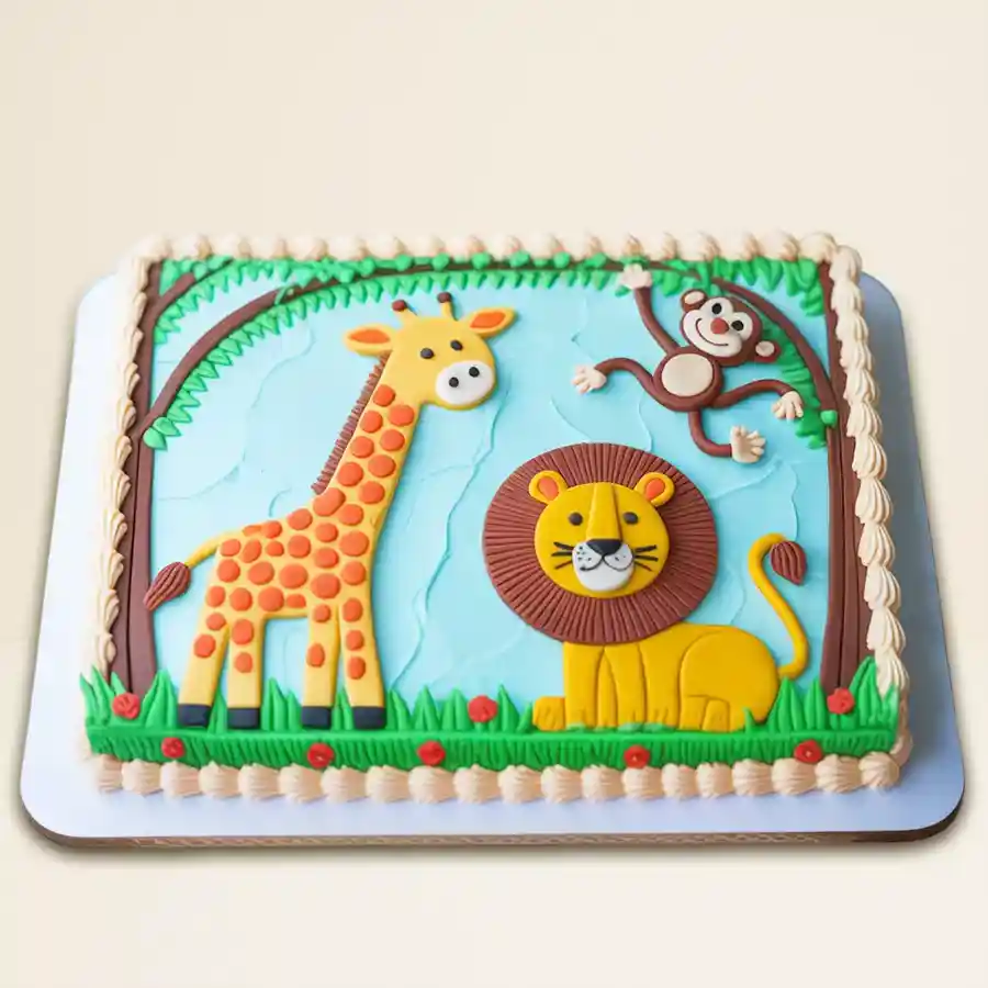 An enchanting eggless chocolate cake featuring a whimsical forest and animal design, garnished with whipped cream, perfect for celebrations.