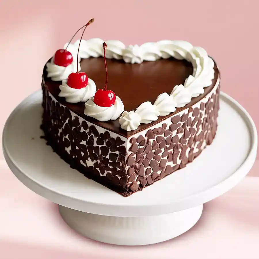 Heartfelt Eggless Chocolate Fantasy Cake decorated with whipped cream, chocolate flakes, and a fresh cherry, shaped like a heart.