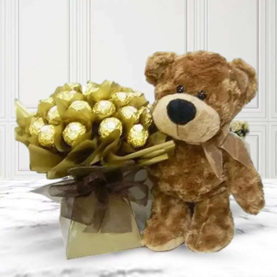 Marvelous brown teddy bear standing 12 inches tall next to a bouquet of 12 Ferrero Rocher chocolates.