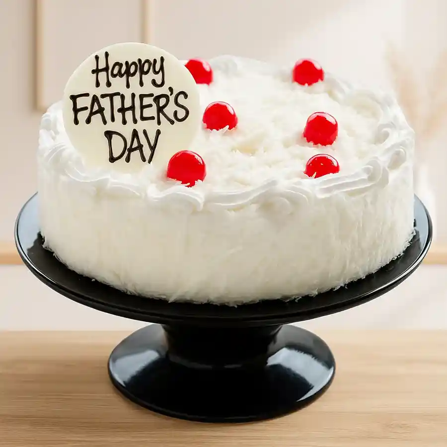 Heavenly Eggless White Forest Cake for Father's Day, round and luscious.