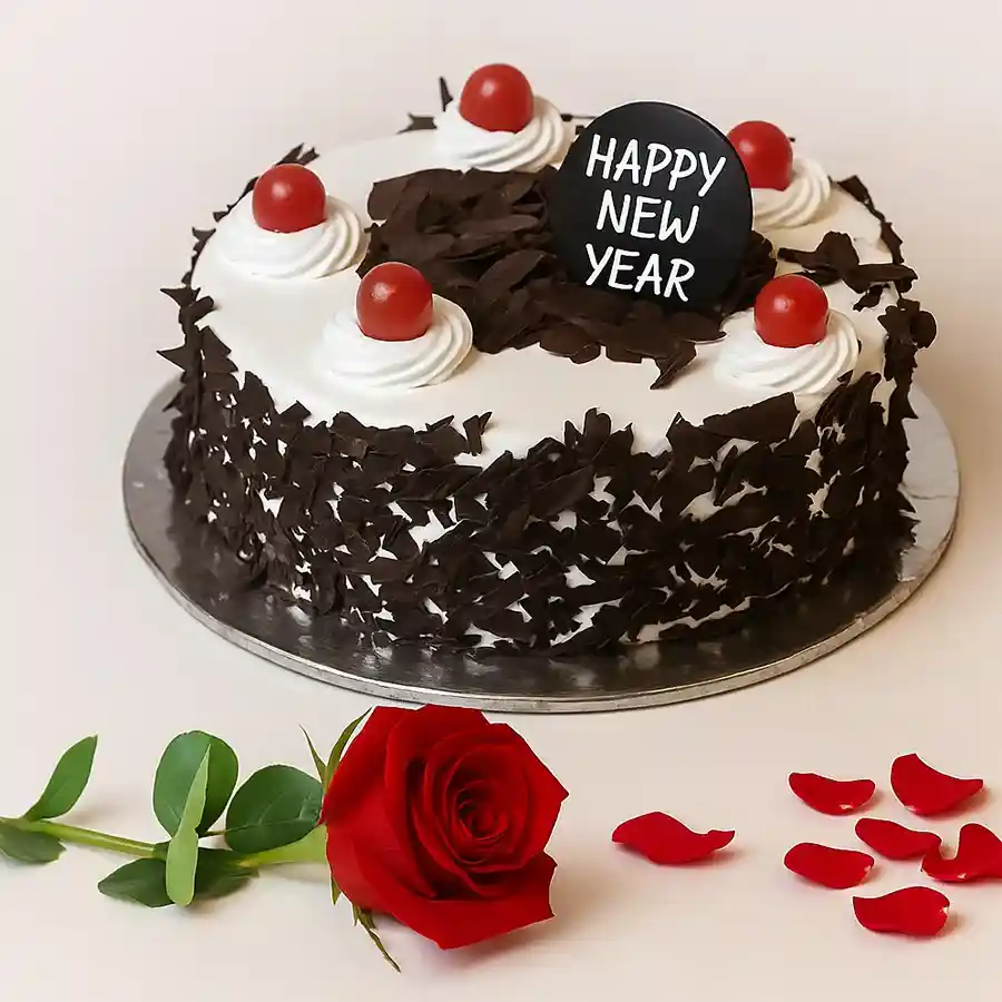 Sumptuous 1 Lb Black Forest Cake with a red rose.