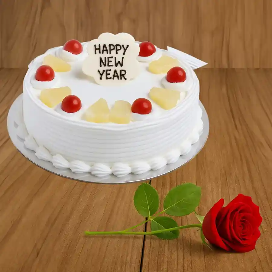 Delectable 1 Lb Vanilla Cake accompanied by a single Red Rose.