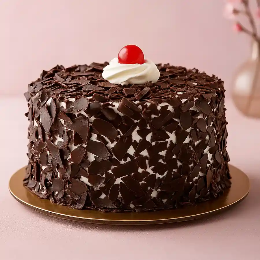 A decadent 4.4 lbs Black Forest Celebration Cake, layered with chocolate, cherries, and cream, perfect for special occasions.