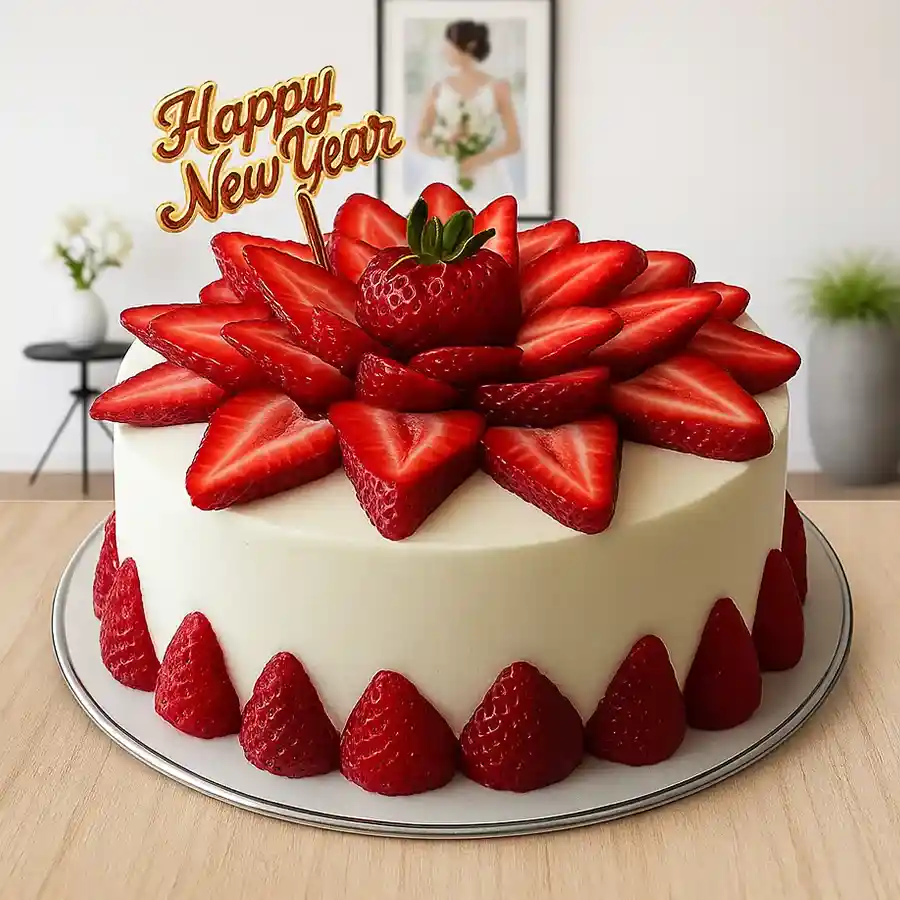 A vibrant 2 Kg Strawberry Cake, perfect for holiday breakfasts, showcasing layers of strawberries and a festive design.
