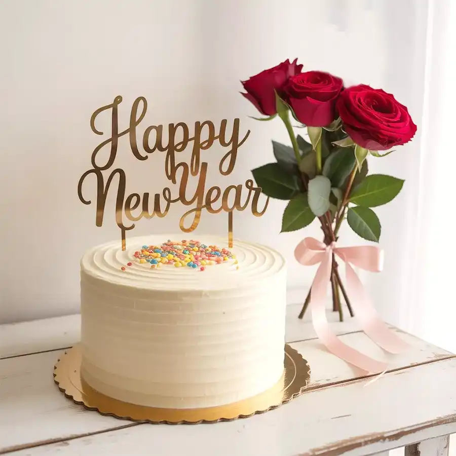 A beautiful vanilla cake weighing 2.2 lbs, elegantly decorated with a posy of three red roses.