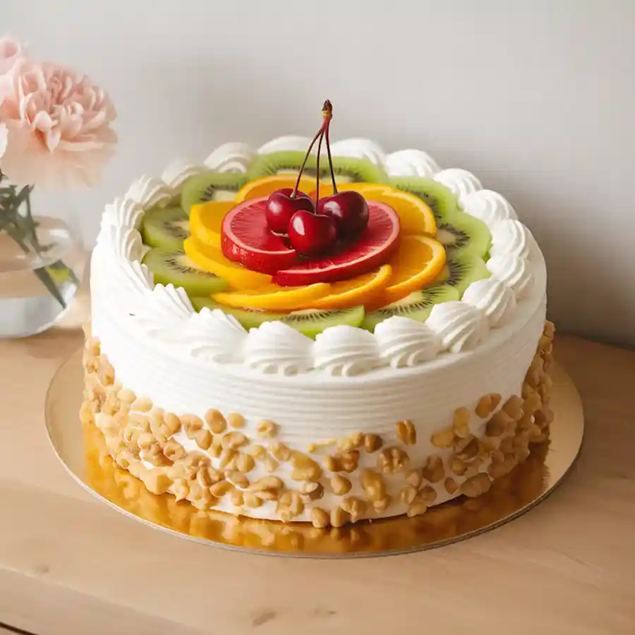 A beautifully crafted 1 Kg Fresh Fruit Cake featuring an array of fresh fruits, perfect for gifting and celebrating special occasions.