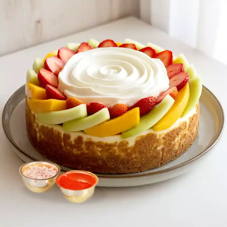 Sweet Harmony Eggless Fresh Fruit Cake, a 1 Kg cake filled with fresh fruits, perfect for expressing love and affection.